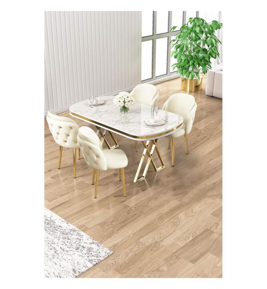 Ensemble table et chaises de salle à manger, 5 pièces, panneau 100 % laqué, marbre blanc, or, crème