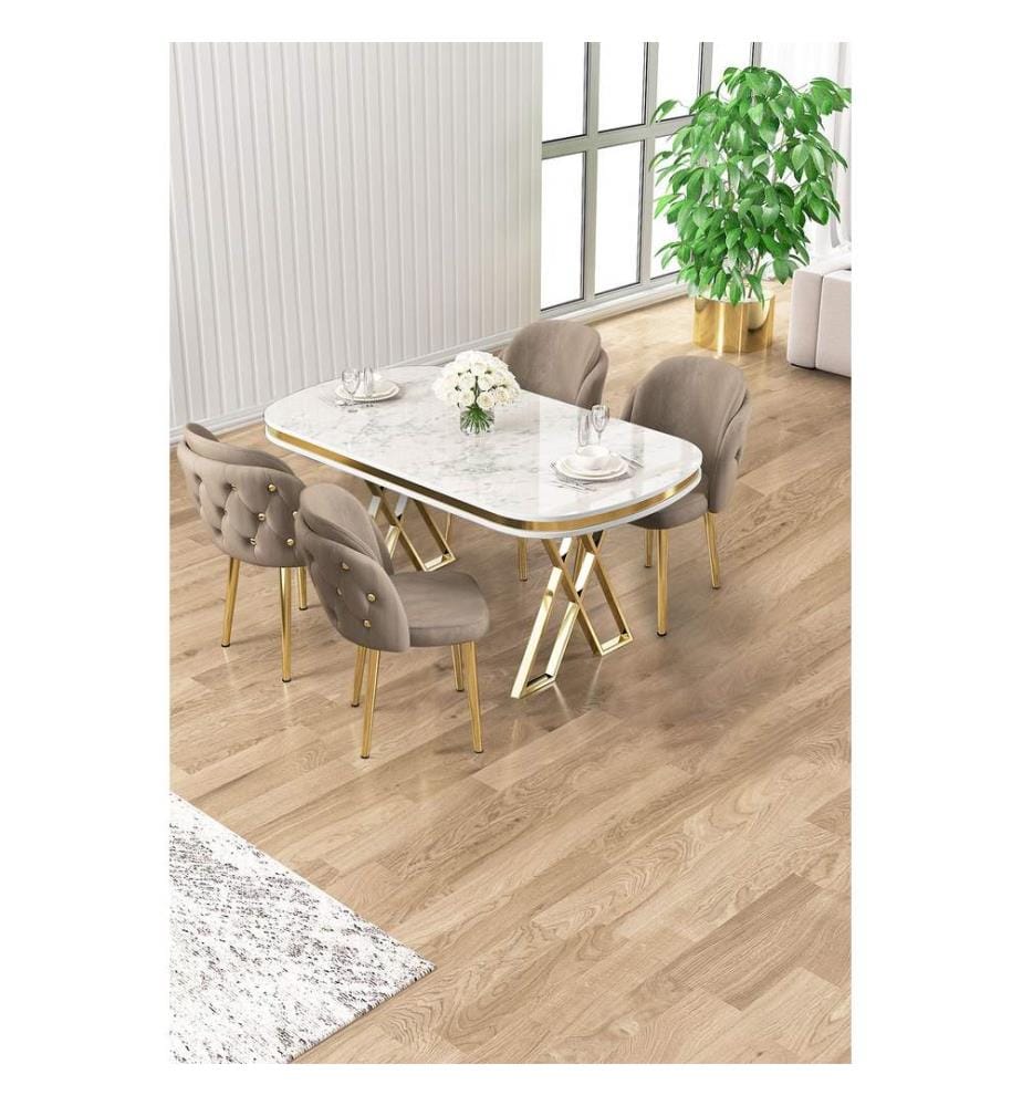 Ensemble table et chaises de salle à manger, 5 pièces, panneau 100 % laqué, marbre blanc, or, cappuccino
