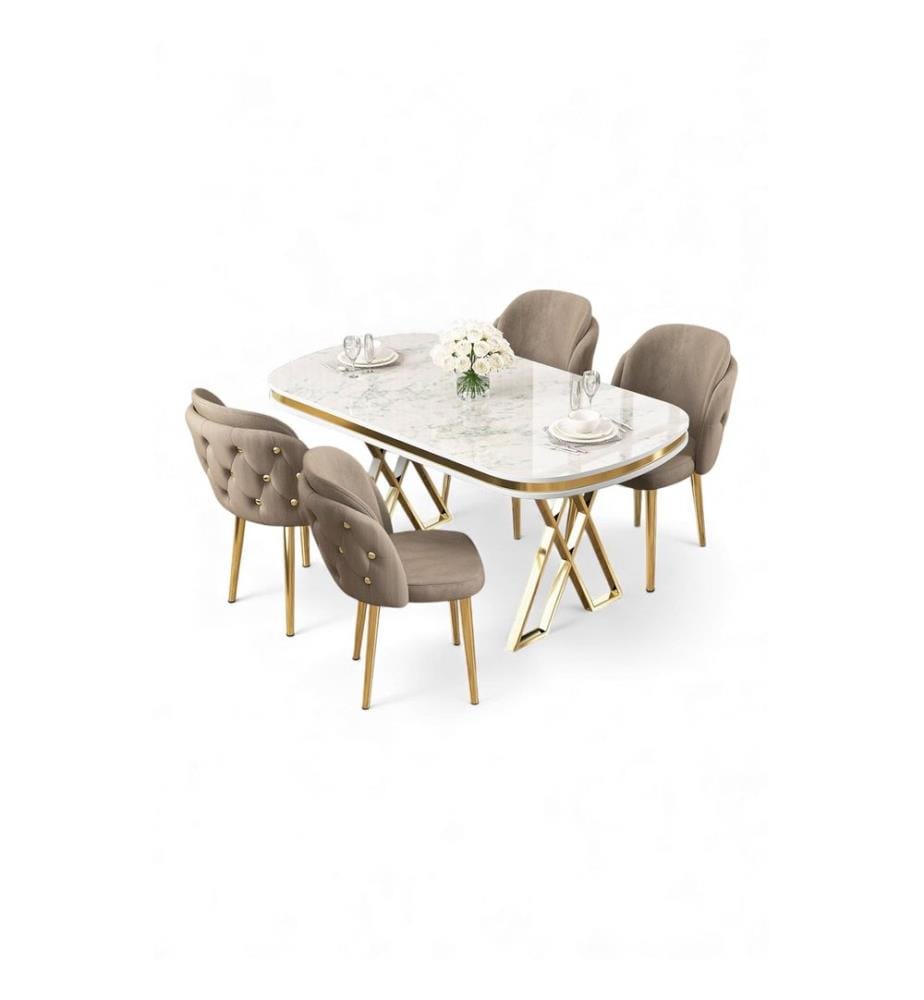 Ensemble table et chaises de salle à manger, 5 pièces, panneau 100 % laqué, marbre blanc, or, cappuccino