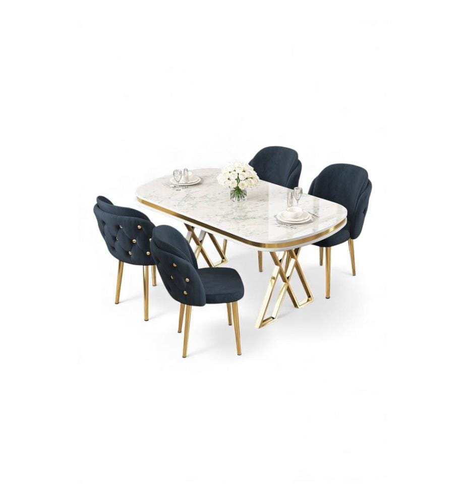 Ensemble table et chaises de salle à manger, 5 pièces, panneau 100 % laqué, marbre blanc, or, anthracite