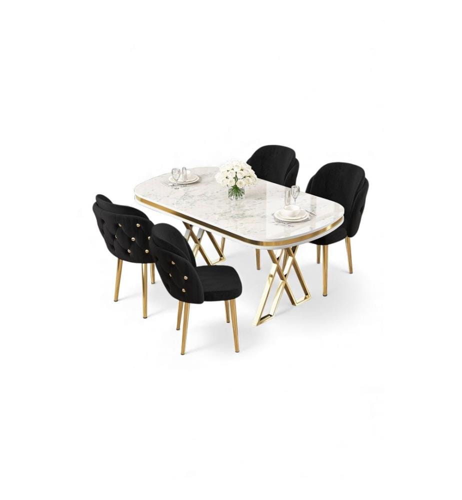 Ensemble table et chaises de salle à manger, 5 pièces, panneau 100 % laqué, marbre blanc, or, noir
