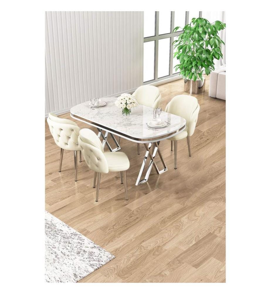 Ensemble table et chaises de salle à manger, 5 pièces, panneau 100 % laqué, marbre blanc, chrome, crème