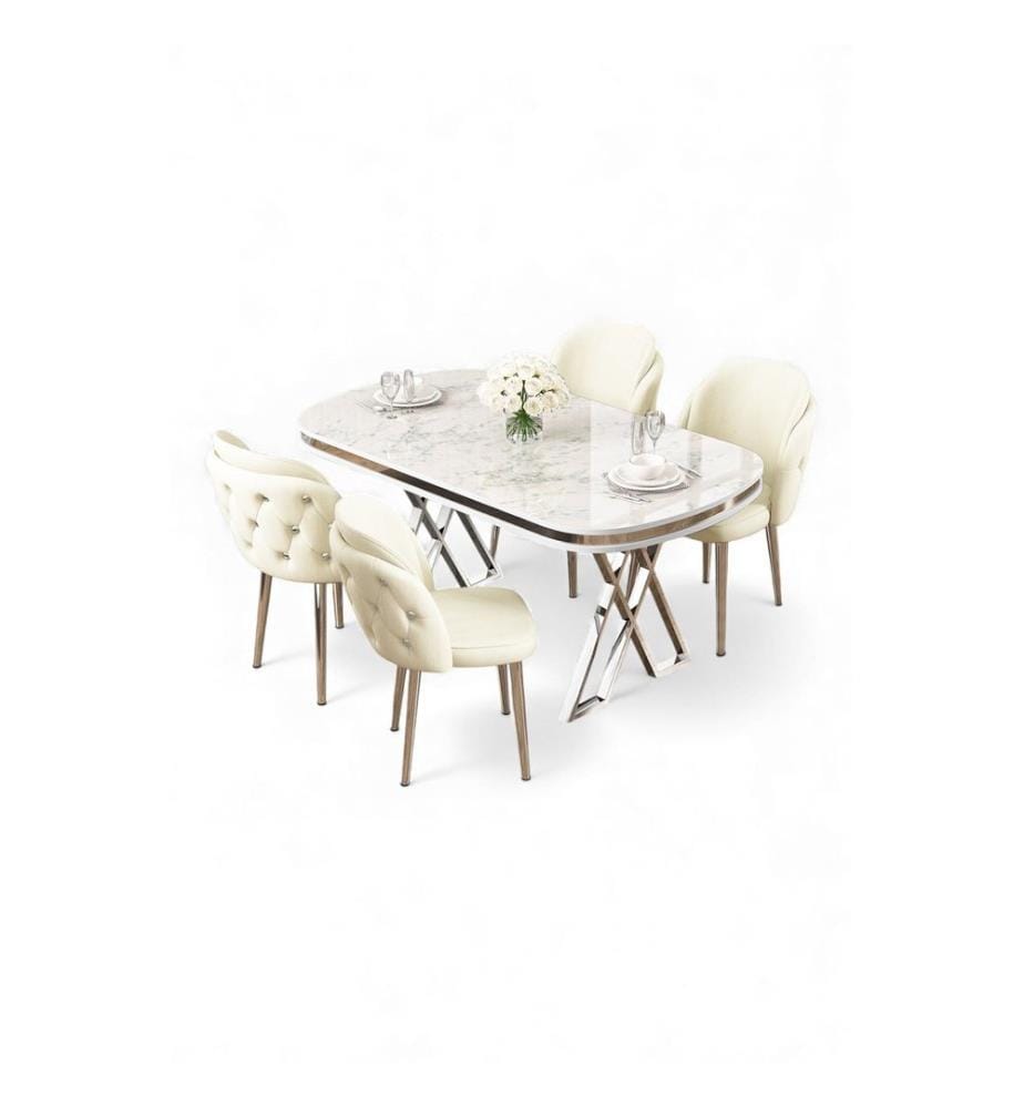 Ensemble table et chaises de salle à manger, 5 pièces, panneau 100 % laqué, marbre blanc, chrome, crème