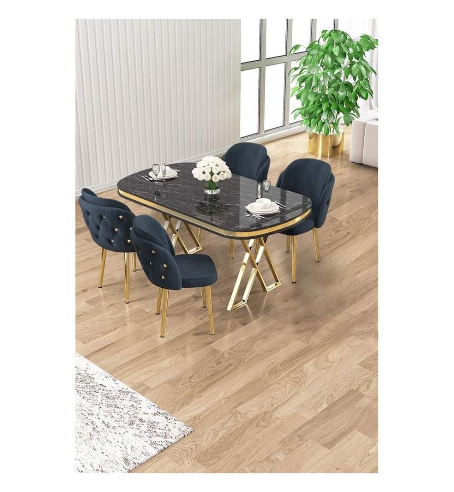 Essgruppe mit Tisch und Stühlen, 5-teilig, 100 % lackierte Paneele, schwarzer Marmor, Gold, Anthrazit