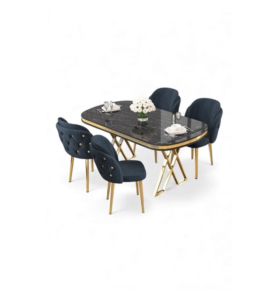 Essgruppe mit Tisch und Stühlen, 5-teilig, 100 % lackierte Paneele, schwarzer Marmor, Gold, Anthrazit