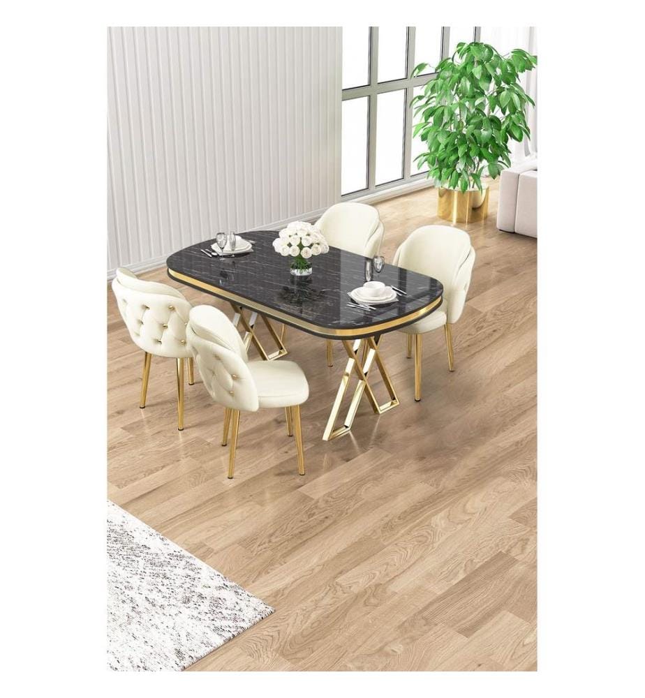Essgruppe mit Tisch und Stühlen, 5-teilig, 100 % lackierte Paneele, schwarzer Marmor, Gold, Creme