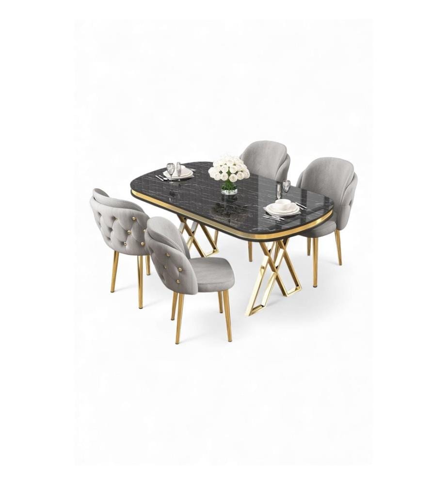 Essgruppe mit Tisch und Stühlen, 5-teilig, 100 % lackierte Paneele, Schwarzer Marmor, Gold, Grau