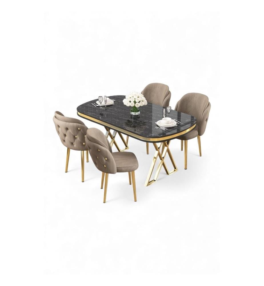 Ensemble table et chaises de salle à manger, 5 pièces, panneau 100 % laqué, marbre noir, or, cappuccino