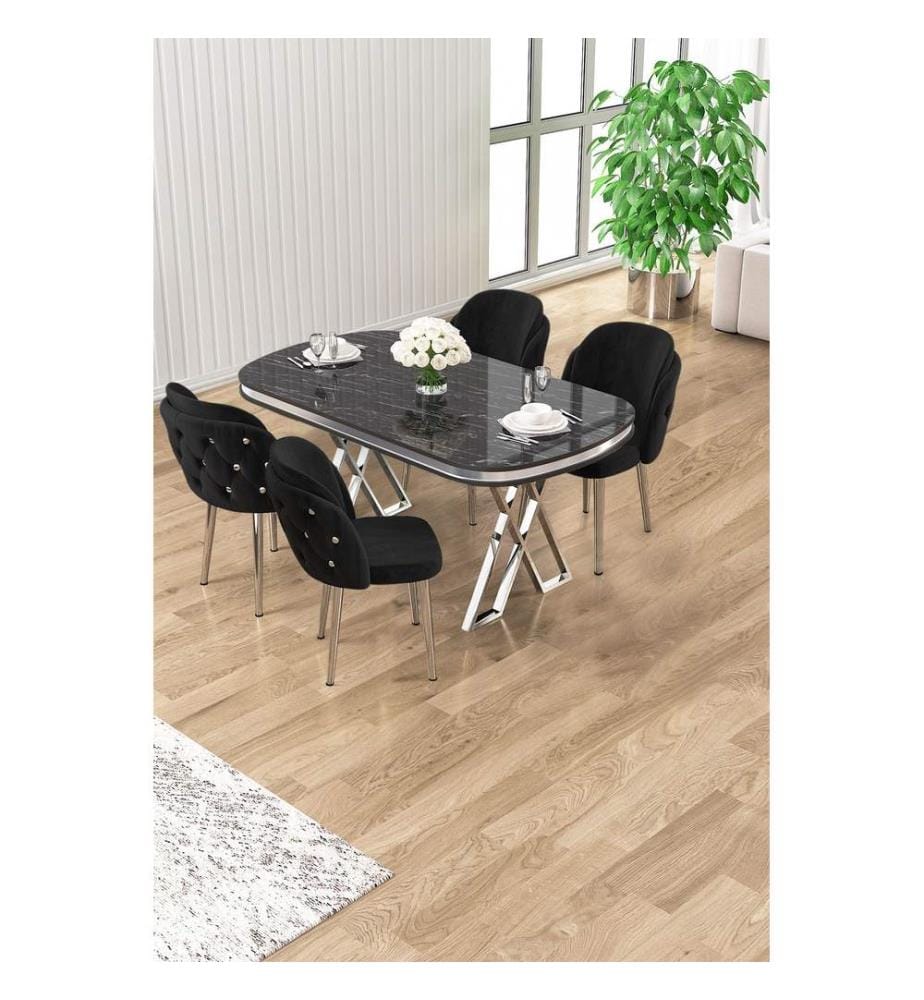 Essgruppe mit Tisch und Stühlen, 5-teilig, 100 % lackierte Paneele, schwarzer Marmor, Chrom, Schwarz