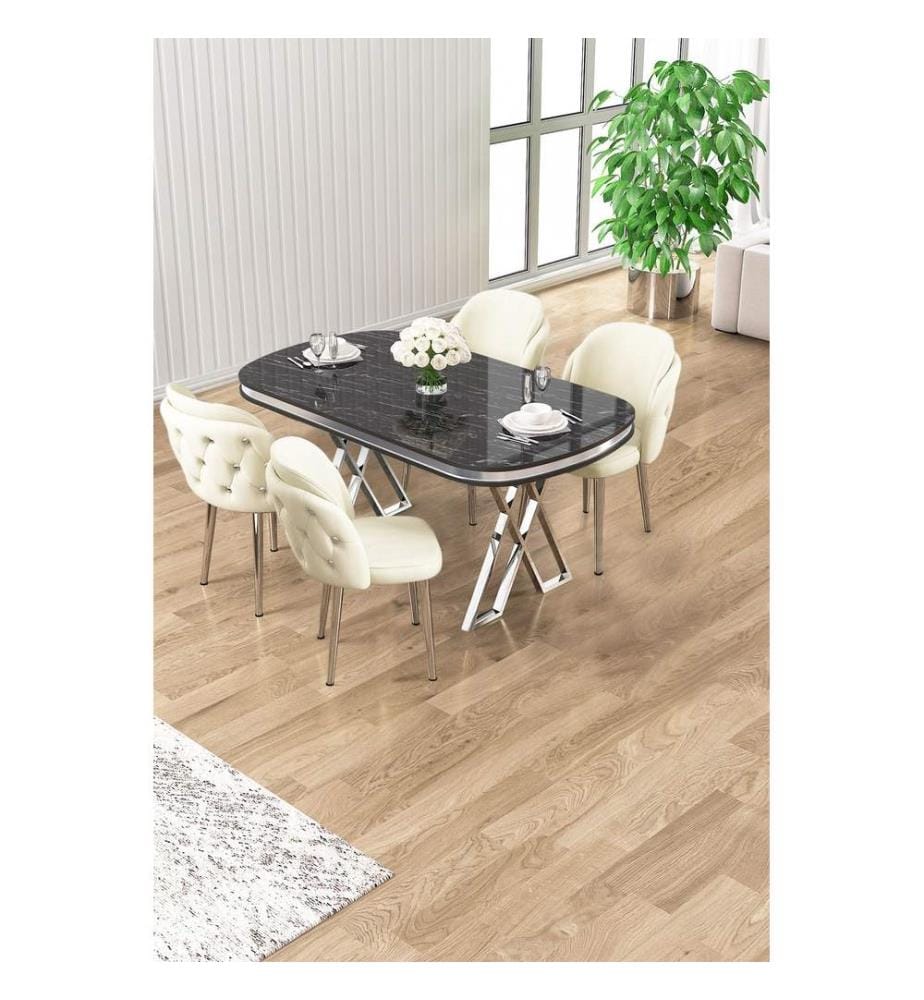 Ensemble table et chaises de salle à manger, 5 pièces, panneau 100 % laqué, marbre noir, chrome, crème