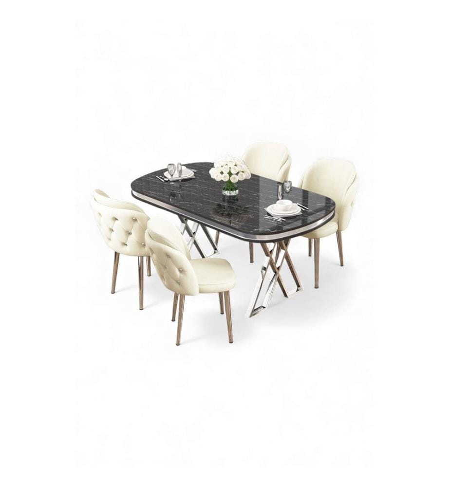 Ensemble table et chaises de salle à manger, 5 pièces, panneau 100 % laqué, marbre noir, chrome, crème