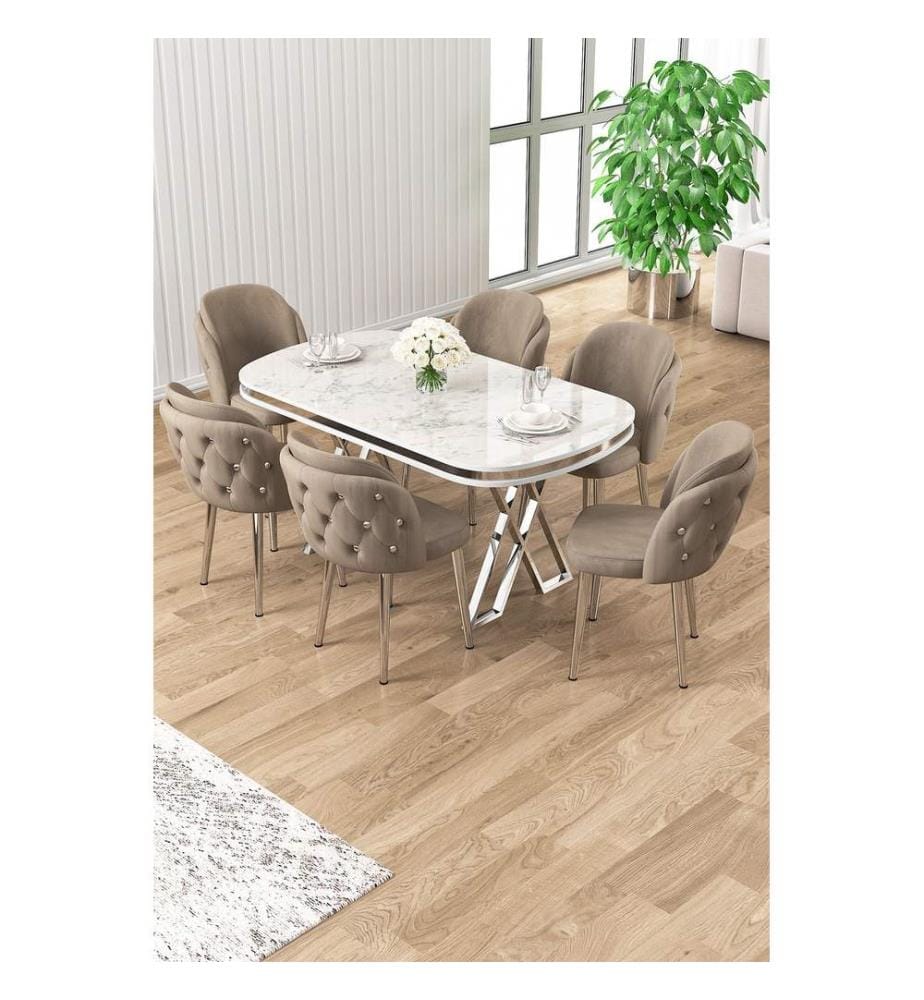 Ensemble table et chaises de salle à manger, 7 pièces, panneau 100 % laqué, marbre blanc, chrome, cappuccino