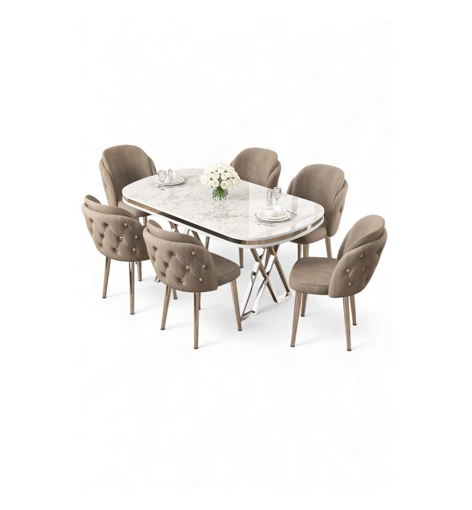 Ensemble table et chaises de salle à manger, 7 pièces, panneau 100 % laqué, marbre blanc, chrome, cappuccino