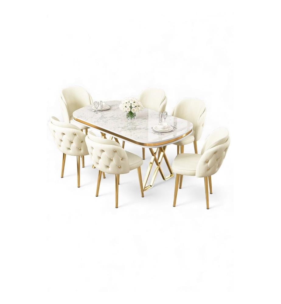 Ensemble table et chaises de salle à manger, 7 pièces, panneau 100 % laqué, marbre blanc, or, crème