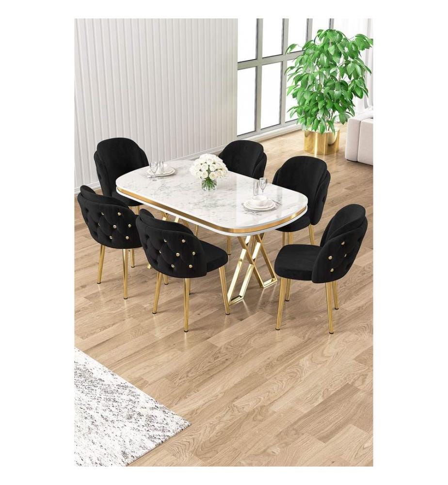 Ensemble table et chaises de salle à manger, 7 pièces, panneau 100 % laqué, marbre blanc, or, noir