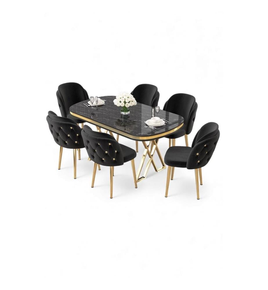 Ensemble table et chaises de salle à manger, 7 pièces, panneau 100 % laqué, marbre noir, or, noir