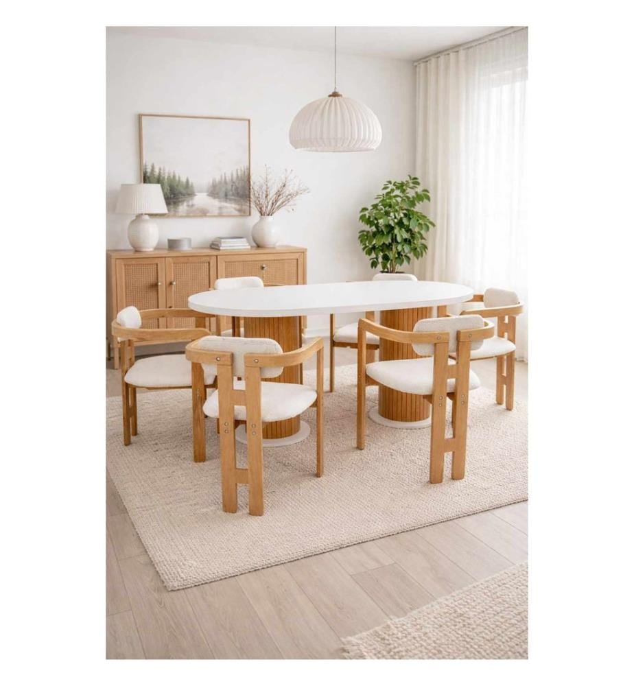 Ensemble table et chaises de salle à manger, 7 pièces, panneaux de particules 100 % mélaminés, blanc, naturel