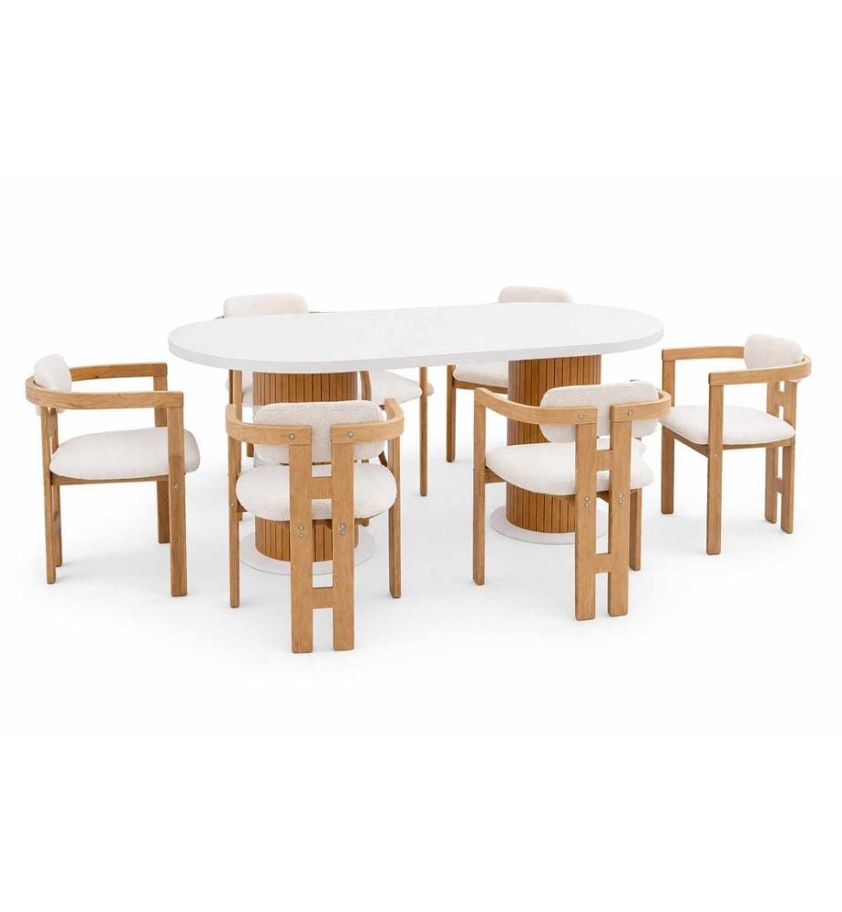 Ensemble table et chaises de salle à manger, 7 pièces, panneaux de particules 100 % mélaminés, blanc, naturel