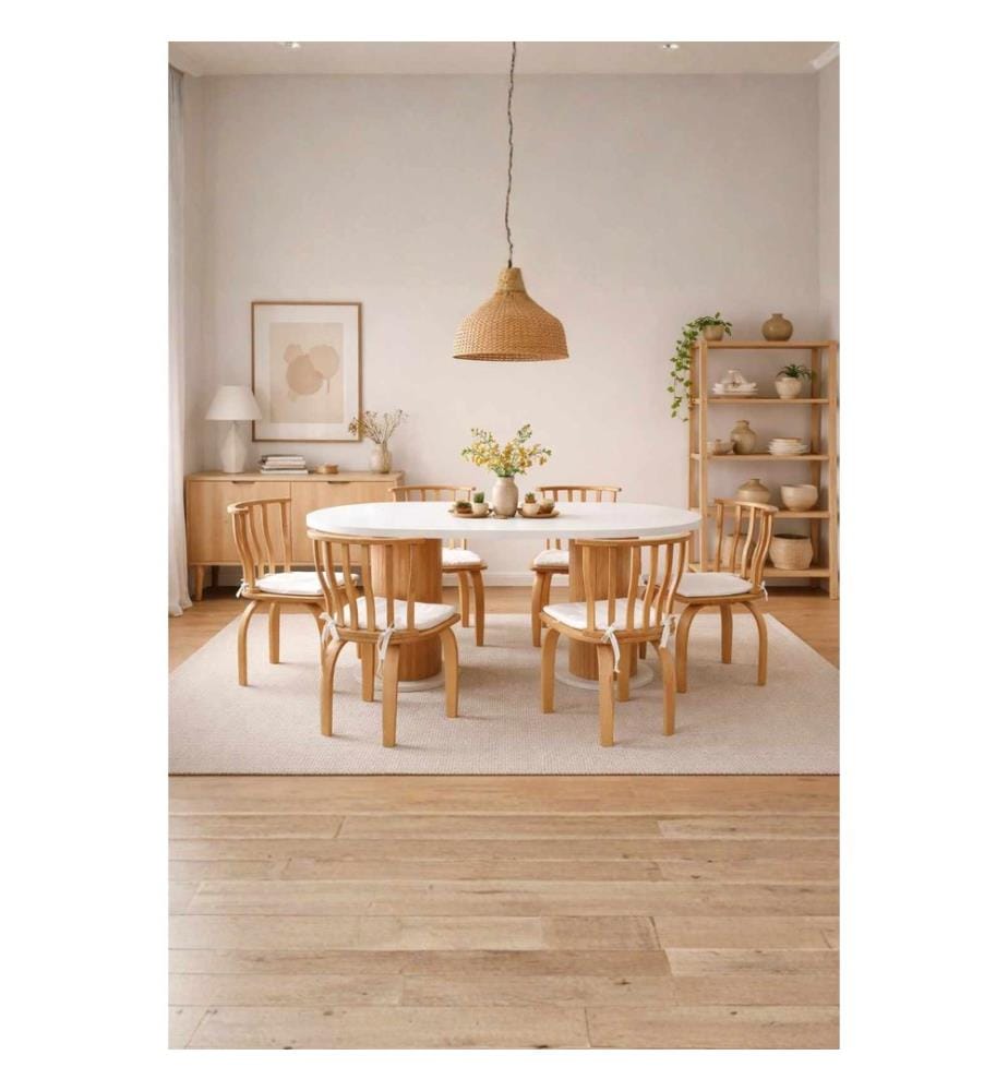 Essgruppe mit Tisch und Stühlen, 7-teilig, 100 % melaminbeschichtete Spanplatte, Weiss, Natur