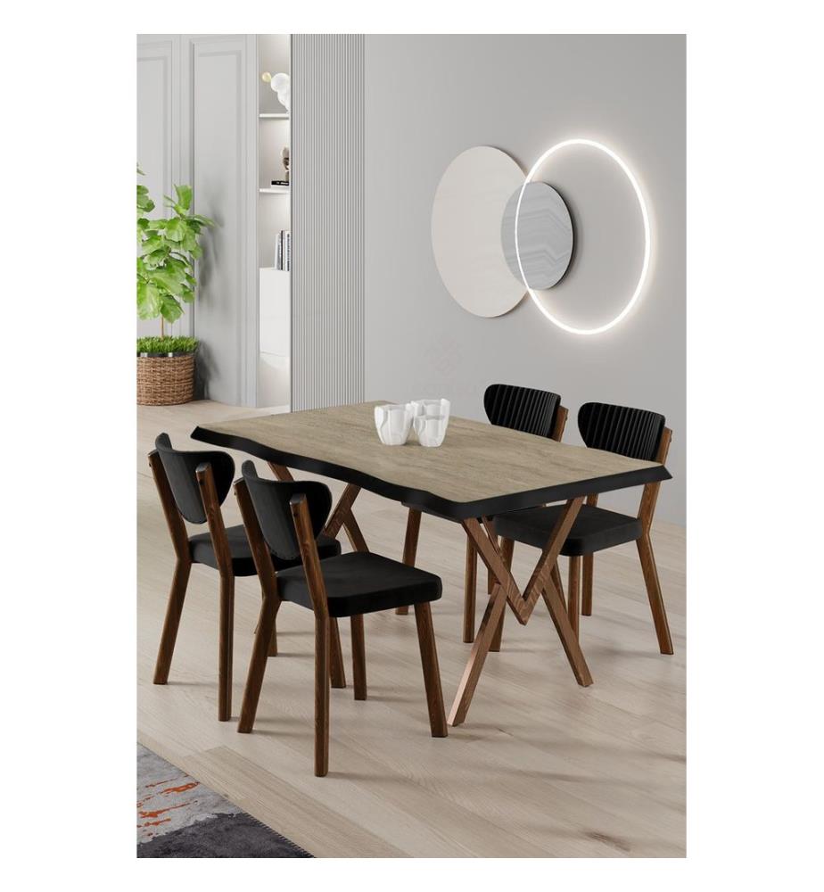 Set tavolo e sedie da pranzo, 5 pezzi, 100% MDF, effetto travertino, nero