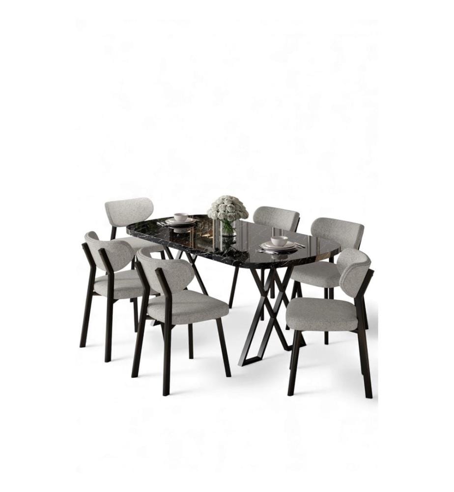 Set tavolo e sedie da pranzo, 7 pezzi, 100% MDF, marmo nero, grigio