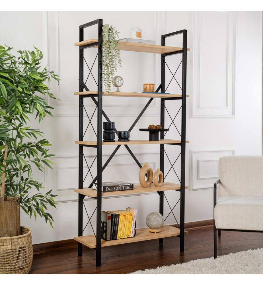 Libreria, rovere, nera, 100% pannelli di particelle rivestiti in melamina, struttura in metallo, gambe in metallo