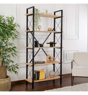 Libreria, rovere, nera, 100% pannelli di particelle rivestiti in melamina, struttura in metallo, gambe in metallo