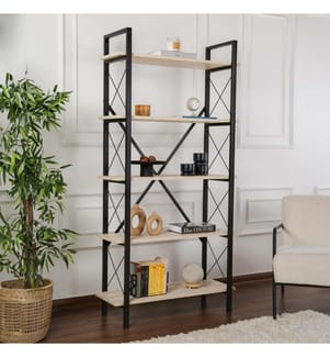 Libreria, travertino, nera, 100% pannelli di particelle rivestiti in melamina, struttura in metallo, gambe in metallo