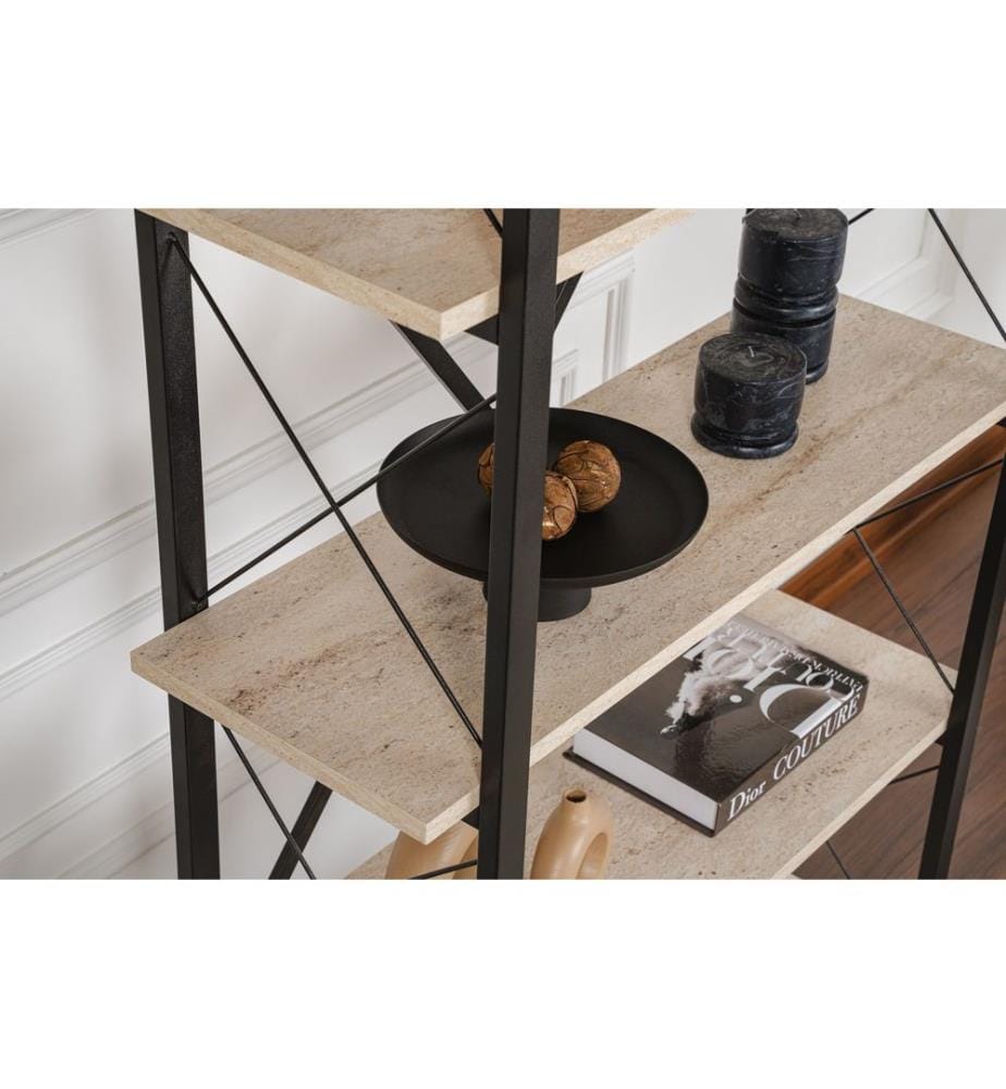 Libreria, travertino, nera, 100% pannelli di particelle rivestiti in melamina, struttura in metallo, gambe in metallo