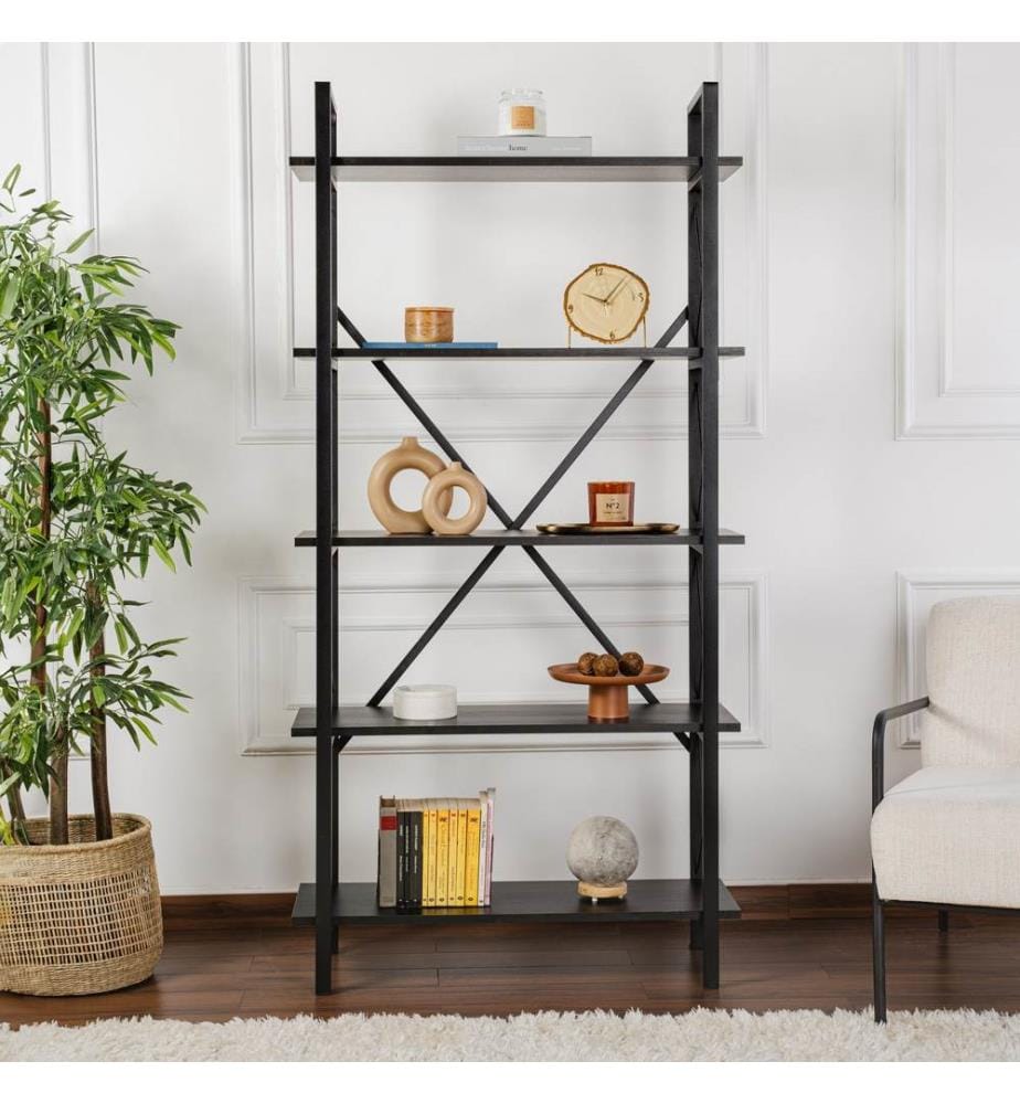 Libreria, Legno Nero, Nero, PANNELLO DI truciolato rivestito in melamina al 100%, Struttura in metallo, Gambe in metallo