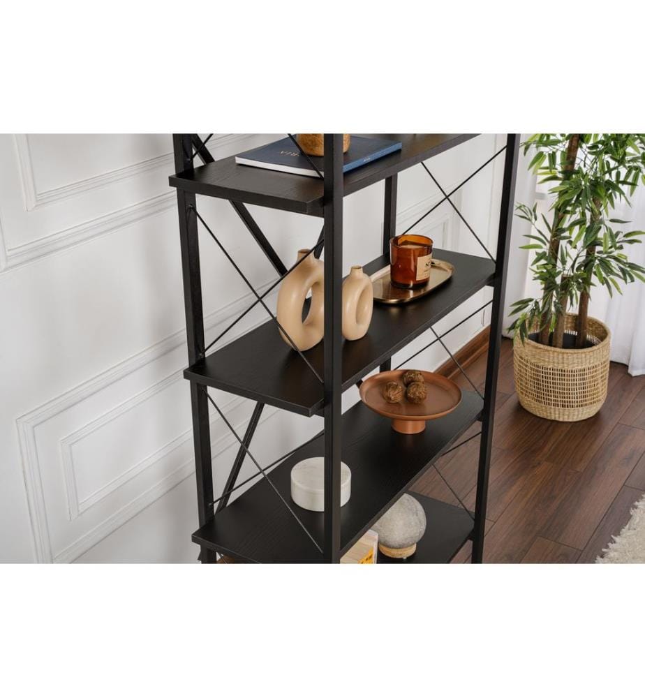 Libreria, Legno Nero, Nero, PANNELLO DI truciolato rivestito in melamina al 100%, Struttura in metallo, Gambe in metallo