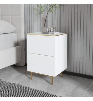 Comodino, marmo bianco, oro, pannello truciolare rivestito in melamina al 100%