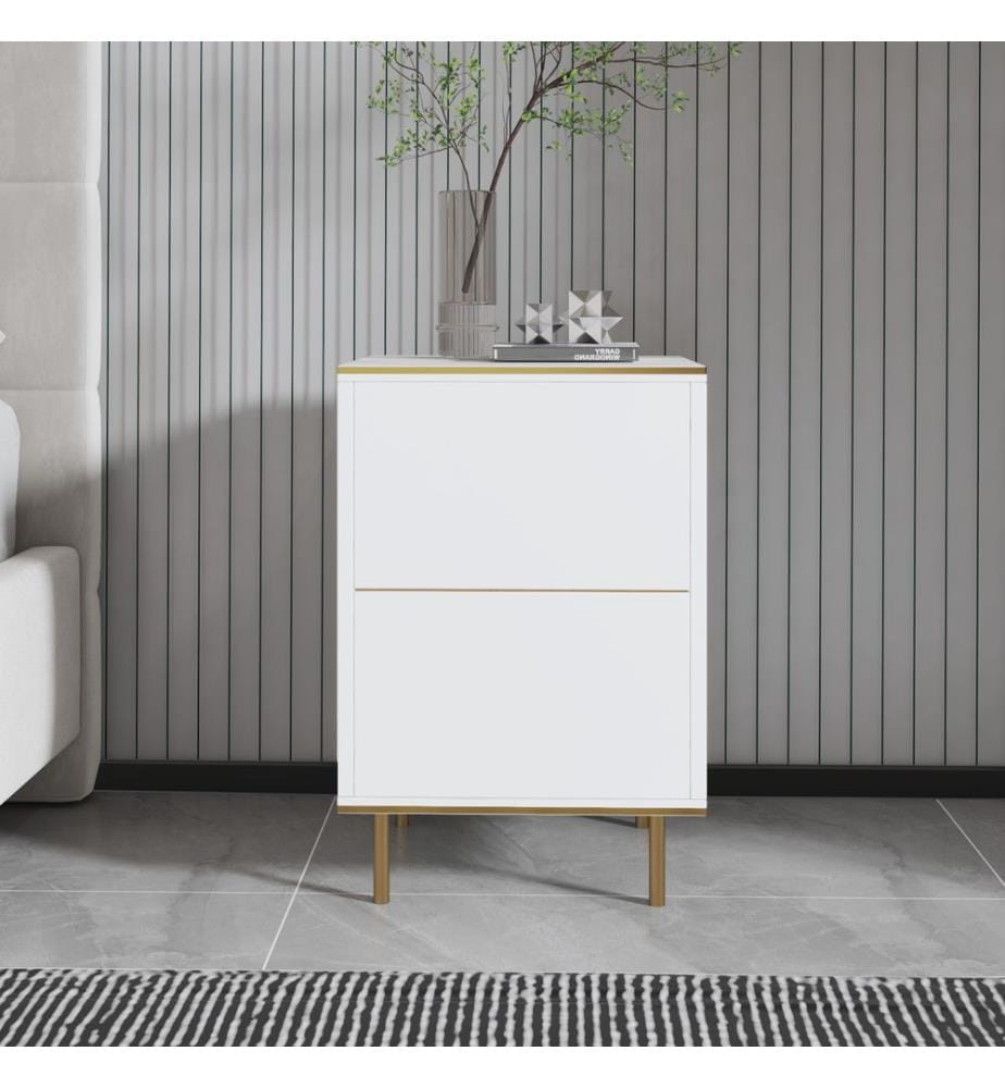Table de chevet, marbre blanc, doré, panneaux de particules 100 % mélaminés