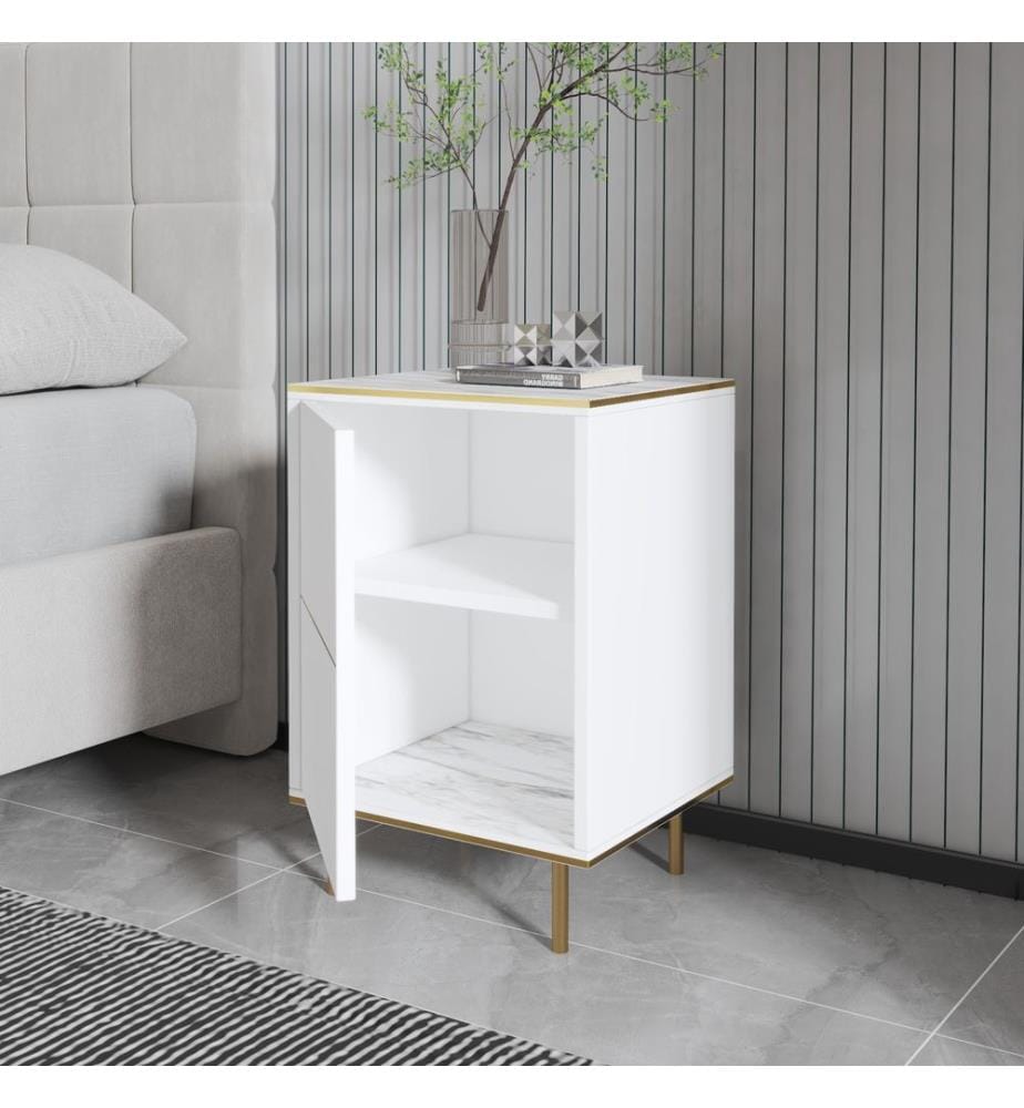 Table de chevet, marbre blanc, doré, panneaux de particules 100 % mélaminés