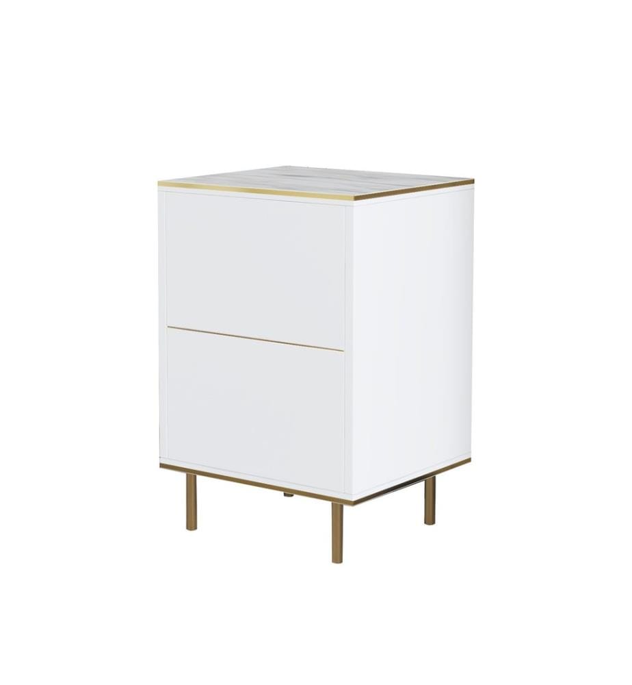 Table de chevet, marbre blanc, doré, panneaux de particules 100 % mélaminés