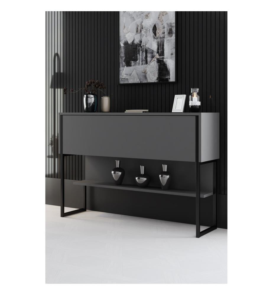 Cassettiera, nera, antracite, in truciolato 100% melaminico, con gambe in metallo.