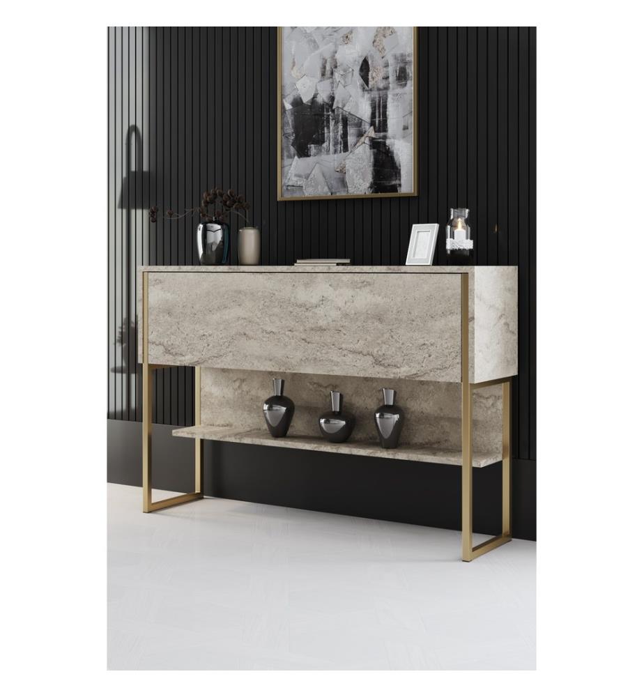 Cassettiera, travertino, oro, pannello di particelle rivestito in melamina al 100%, gambe in metallo