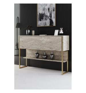 Cassettiera, travertino, oro, pannello di particelle rivestito in melamina al 100%, gambe in metallo