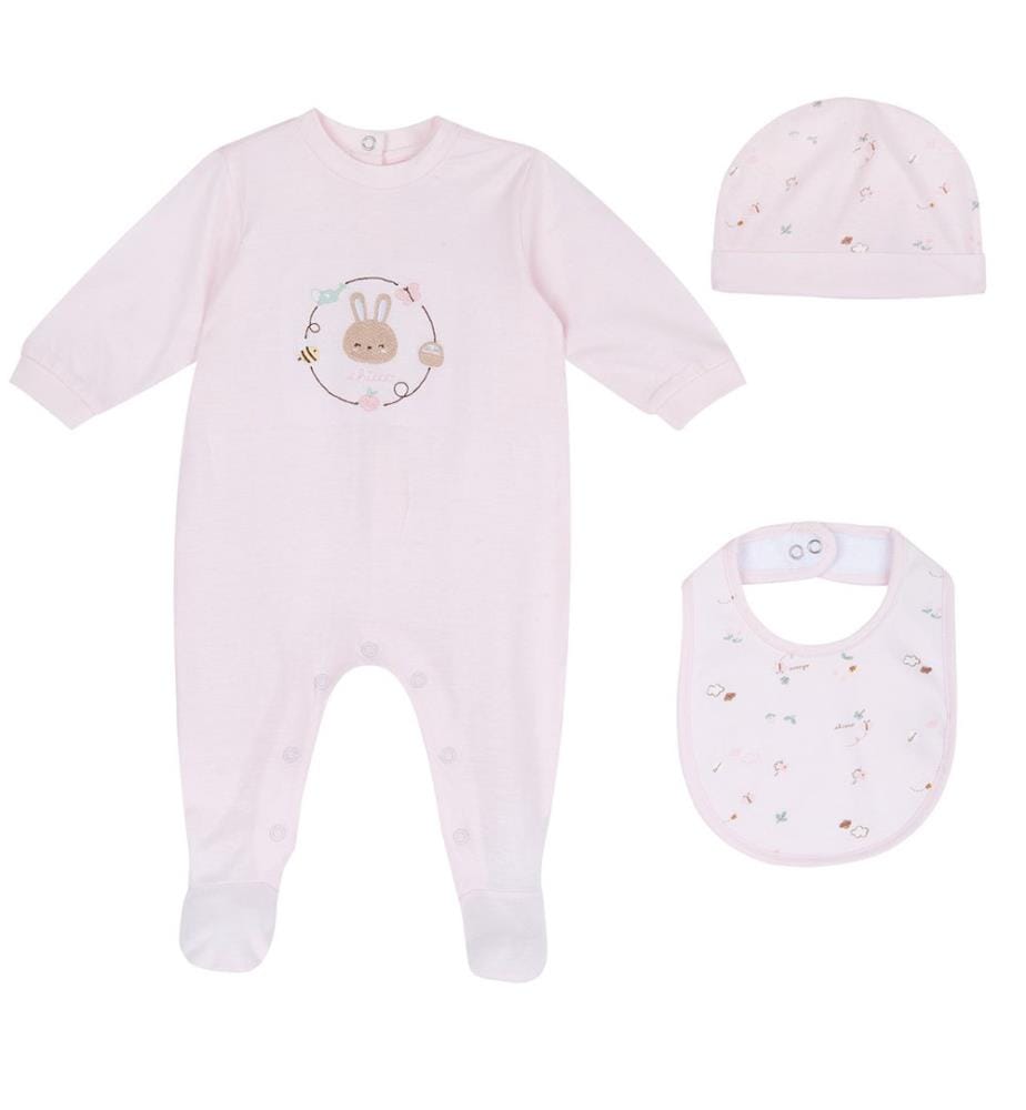 Set composto da tutina, cappellino e bavaglino - Rosa