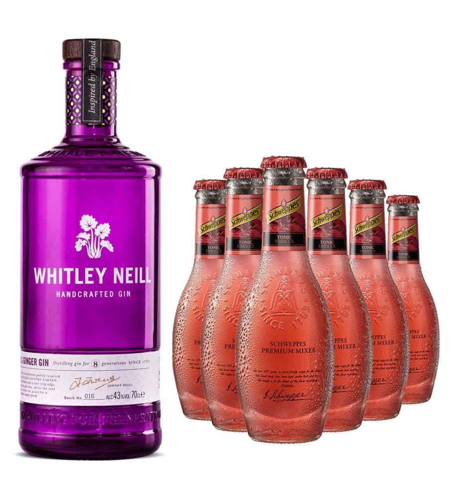 Whitley Neill Rhubarb & Ginger Gin + 6x Schweppes Premium Mixer Hibiscus Tonic - 1 x 70 cl + 6 x 20 cl