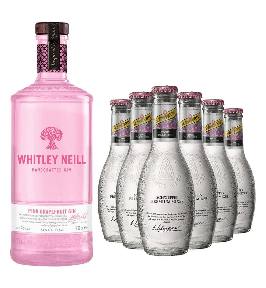 Whitley Neill Pink Grapefruit Gin + 6x Schweppes Premium Mixer Pink Pepper Tonic - 1 x 70 cl + 6 x 20 cl