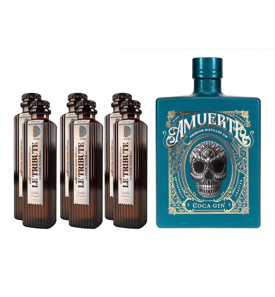 Amuerte Coca Leaf Gin Green & 6 Le Tribute Tonic Water - 1 x 70 cl + 6 x 20 cl