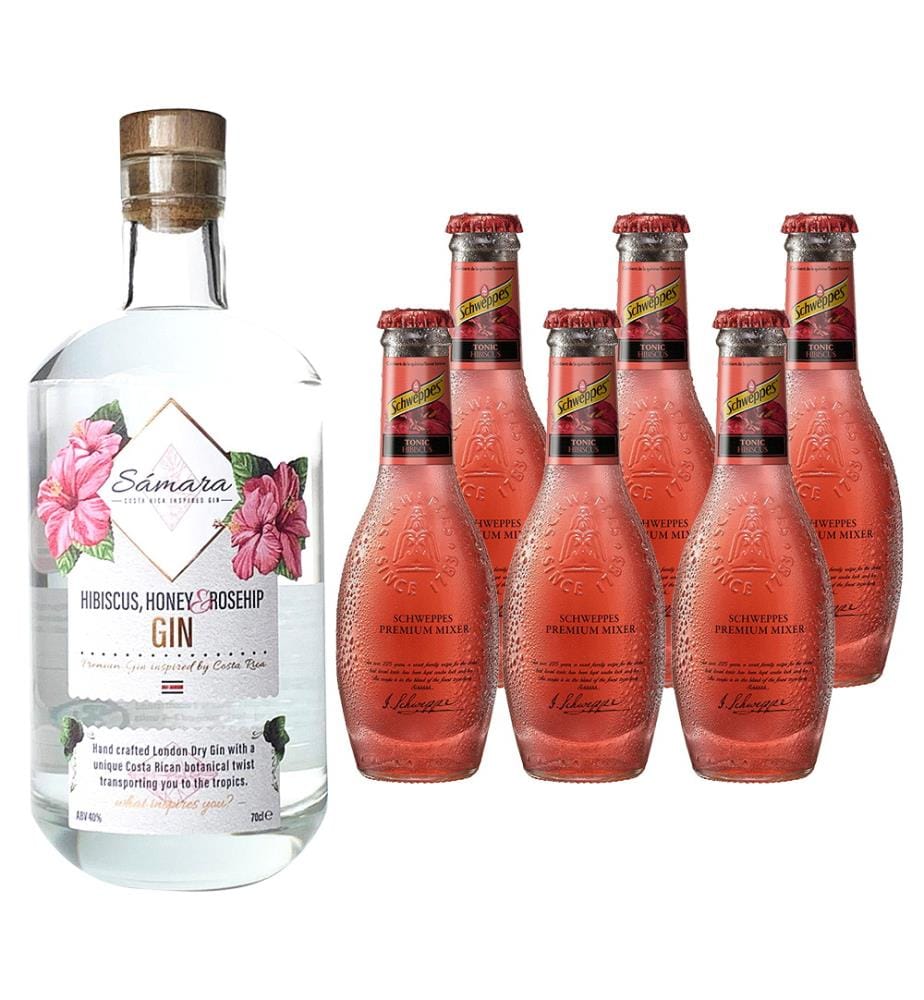 Sámara Costa Rica inspired Gin + 6x Schweppes Premium Mixer Hibiscus Tonic - 1 x 70 cl + 6 x 20 cl