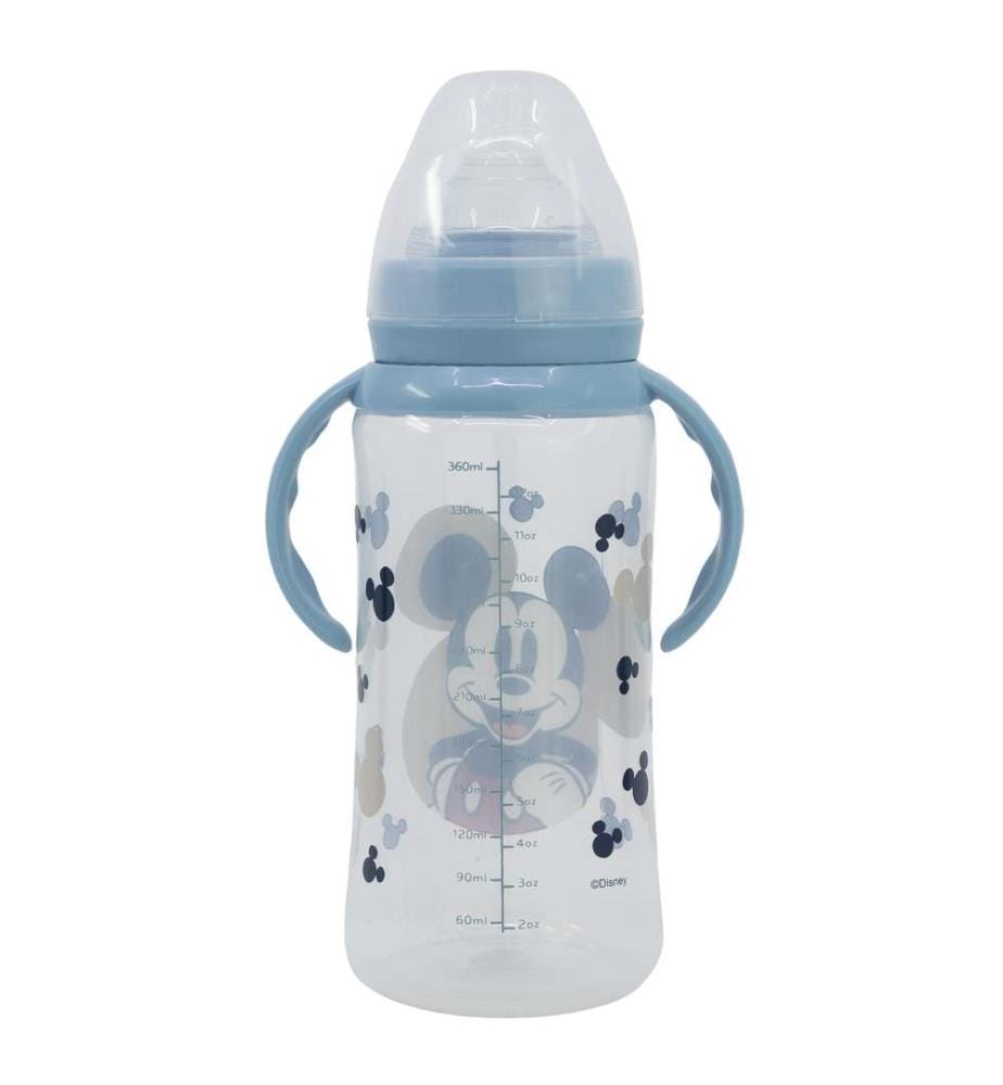 Baby 12 Oz Wideneck Flasche Silikonsauger 3 Positionen mit Griffen Mickey Mouse voll von Lächeln