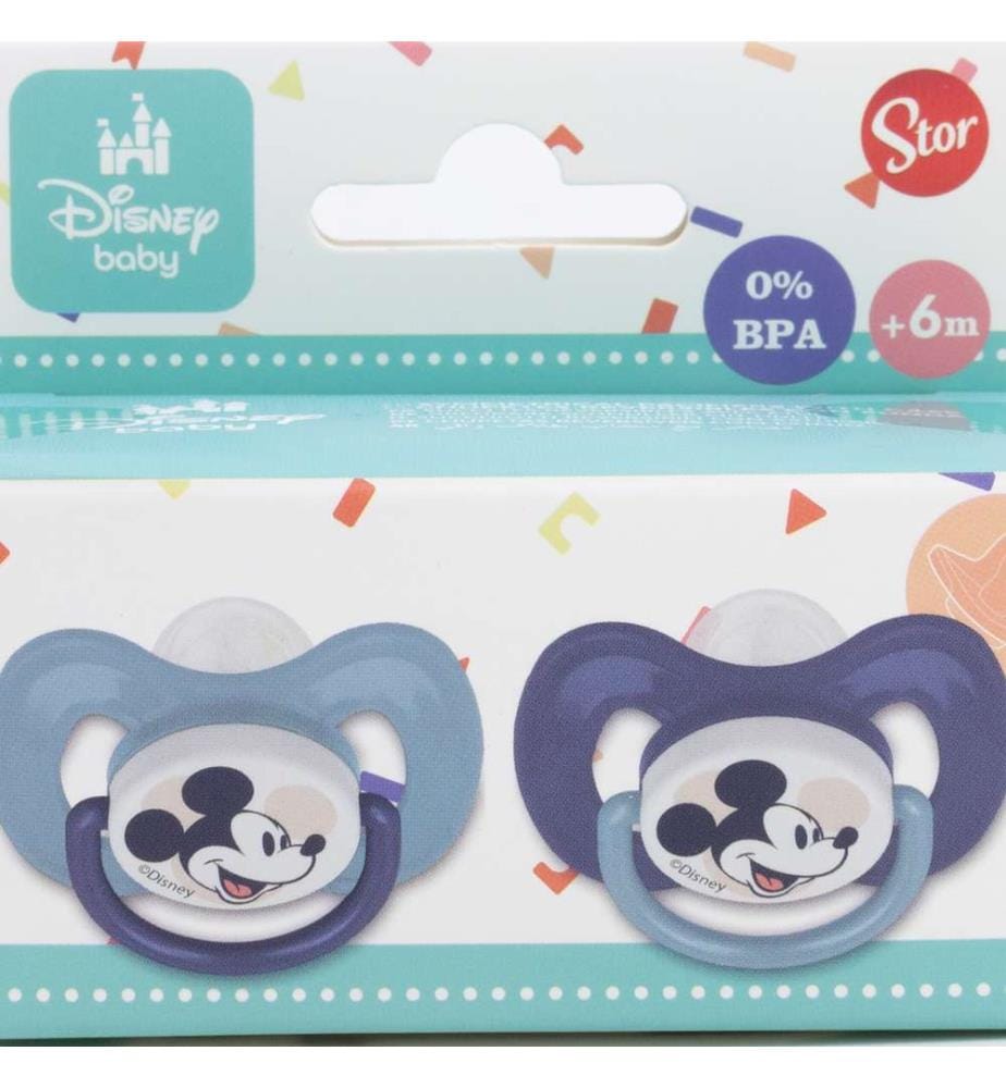 Baby 2 Stück Set symmetrische Schnuller Silikon +6 M mit Abdeckung Mickey Mouse voll von Lächeln