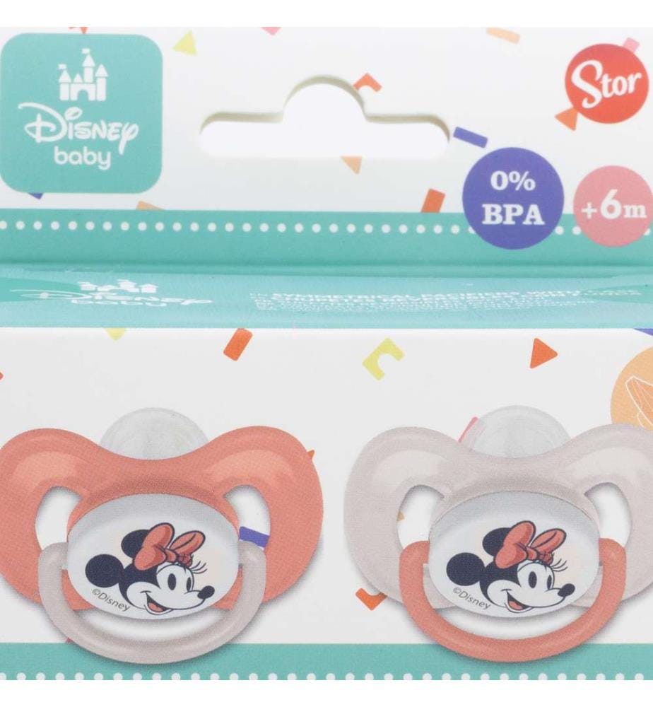 Baby 2 Stück Set symmetrische Schnuller Silikon +6 M mit Abdeckung Minnie Mouse Herz voll