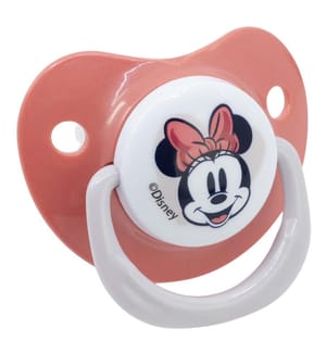 Baby 2 Stück Set kieferorthopädische Schnuller Silikon +6 M mit Abdeckung Minnie Mouse Herz voll
