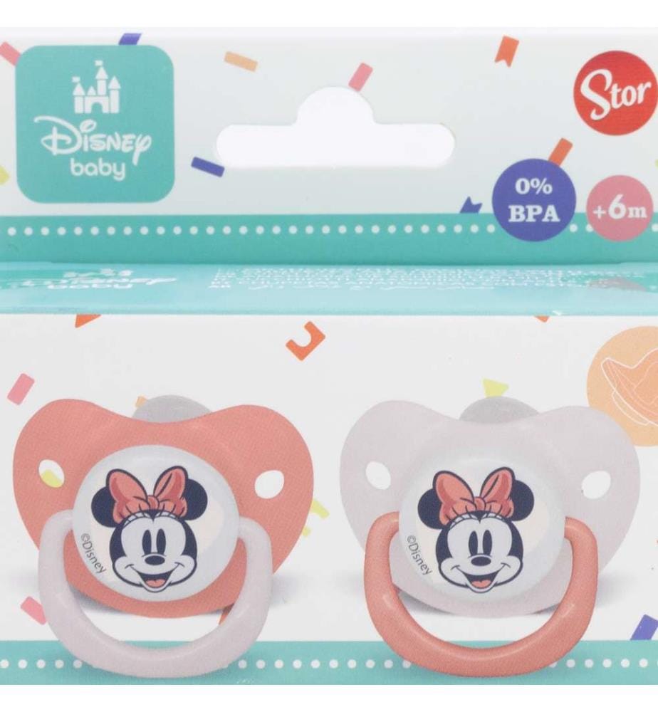 Baby 2 Stück Set kieferorthopädische Schnuller Silikon +6 M mit Abdeckung Minnie Mouse Herz voll