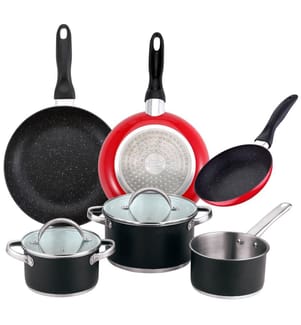 3er-Set Bratpfannen von San Ignacio (Ø 16, Ø 20, Ø 24 cm) + 5-teiliges Set Küchenutensilien aus Edelstahl","detected_source_language":"FR