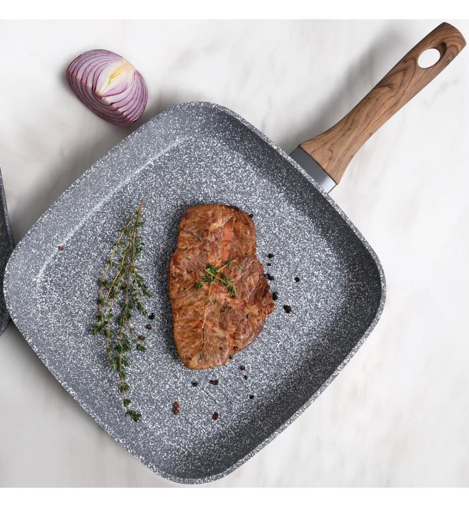Grillpfanne aus geschmiedetem Aluminium, 28 x 28 cm, für Induktionskochfelder geeignet, Innen- und Aussenbeschichtung in Marmoroptik, Griff in Holzoptik, Kollektion Daimiel","detected_source_language":"FR